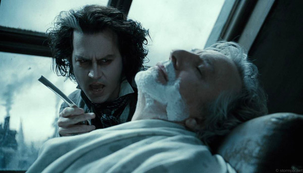 Johnny Depp as the demon barber  and Alan Rickman as his victim